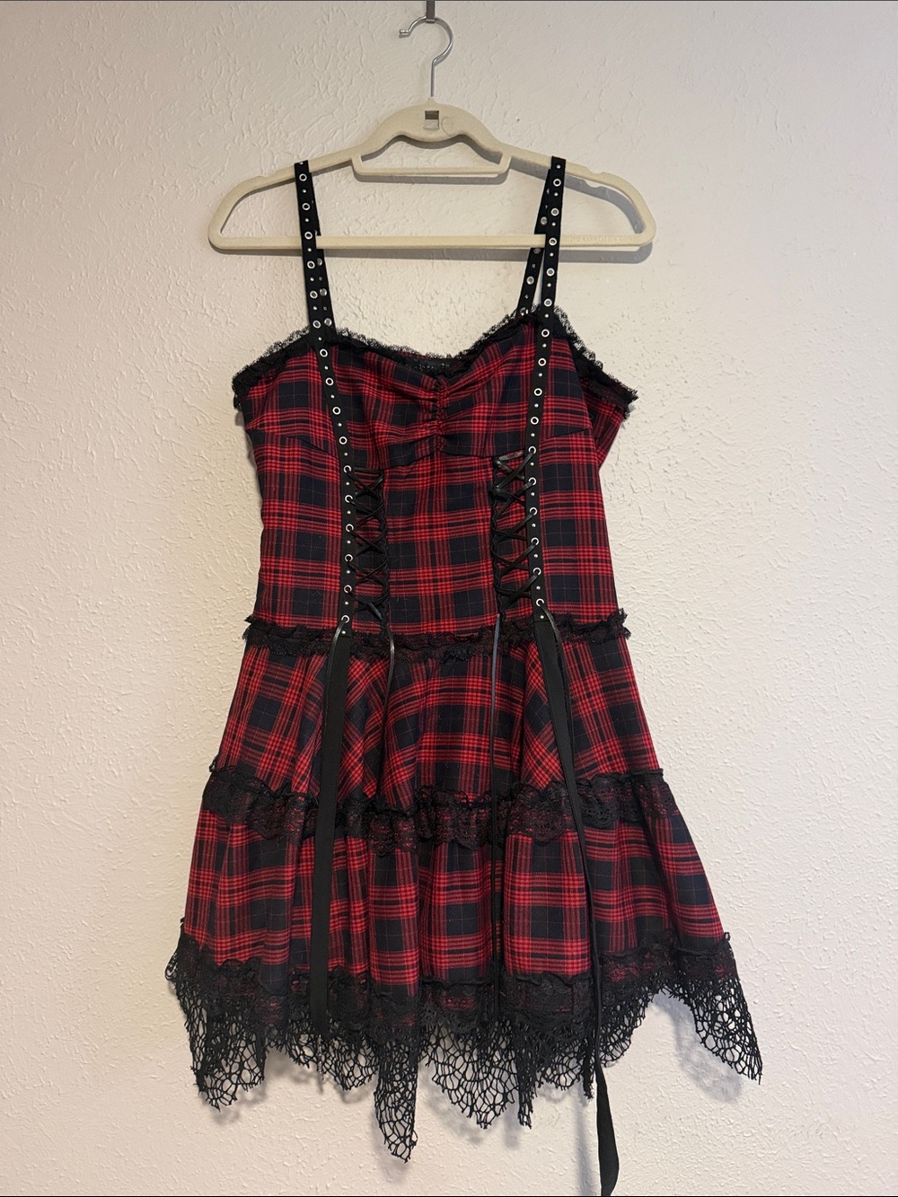 Red Plaid Lace-Trim Punk Dress